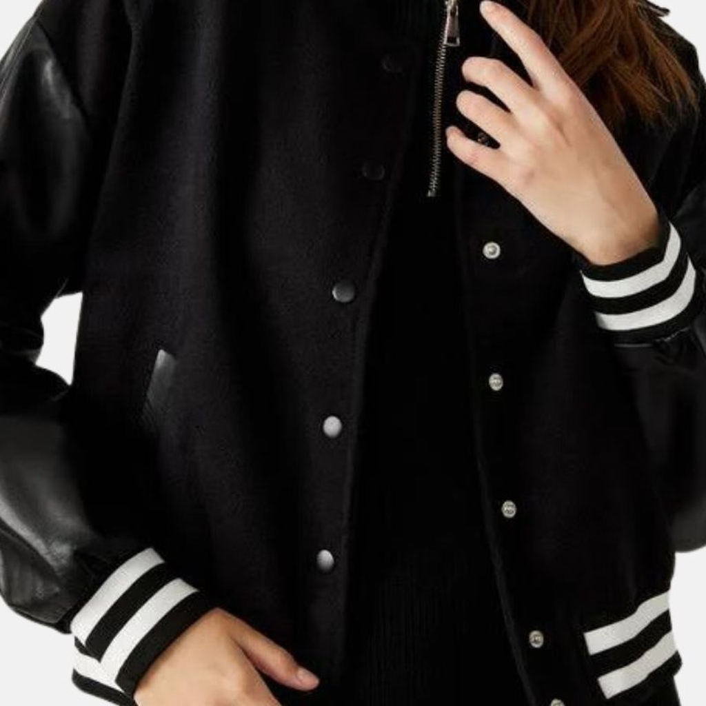 womens black lettermen bomber with leather sleeves c736e99b 80b1 4a39 a925 1f64f1ec6529