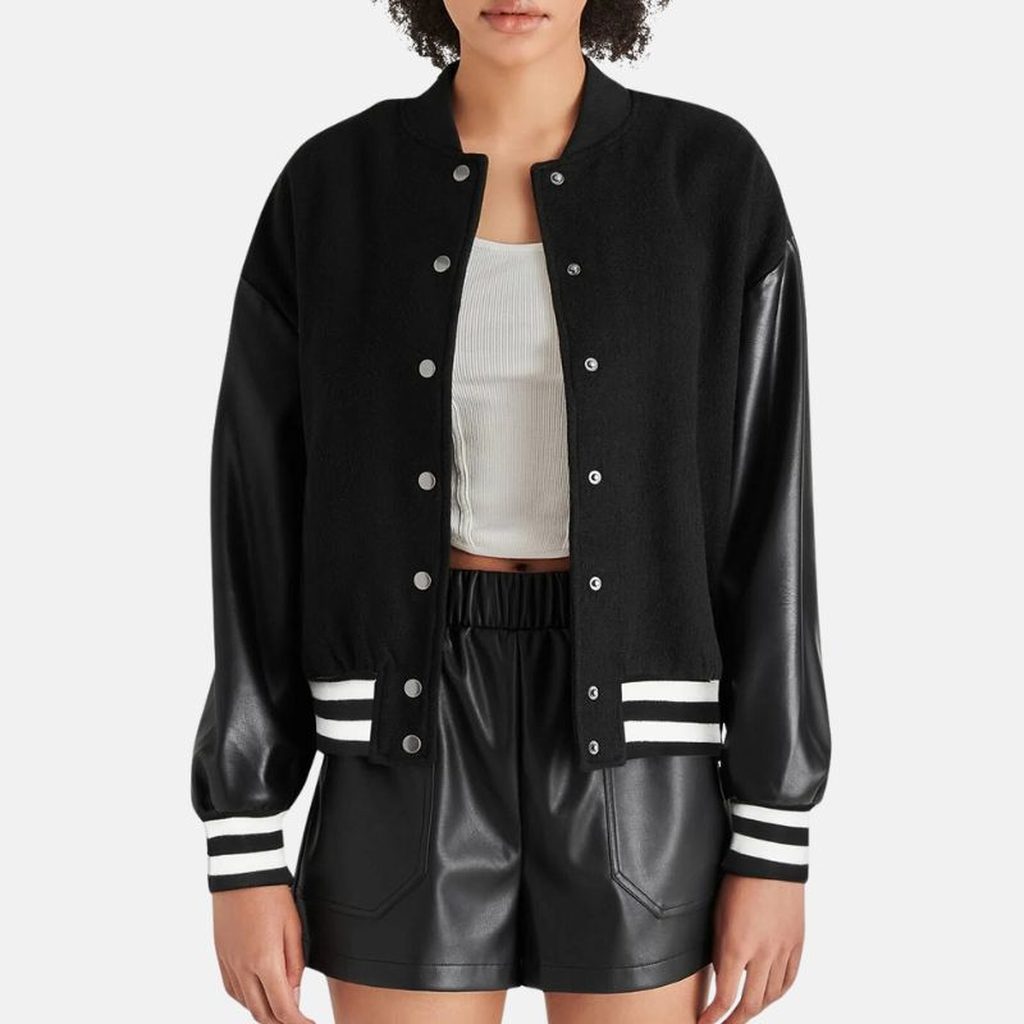 womens black lettermen jacket with leather sleeves ff88320b 69e5 497c b4c4 e068e952ea63