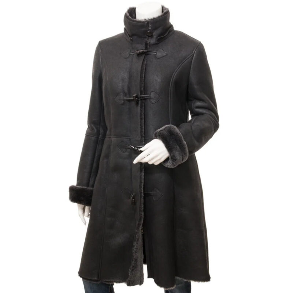 womens black shearling duffle coat