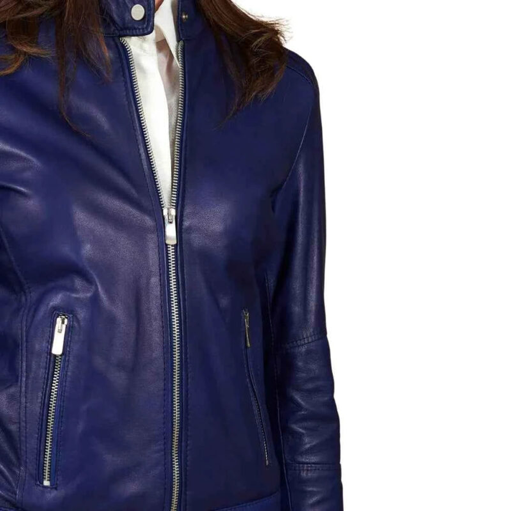 womens blue cafe racer leather jacket